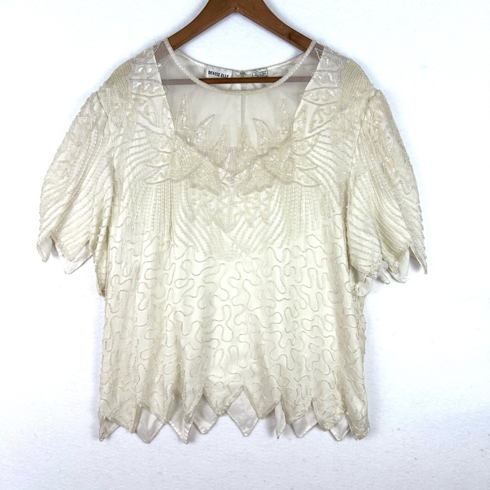 Vintage Elegant Intricate Beaded Sequin Blouse in Cream size 2x